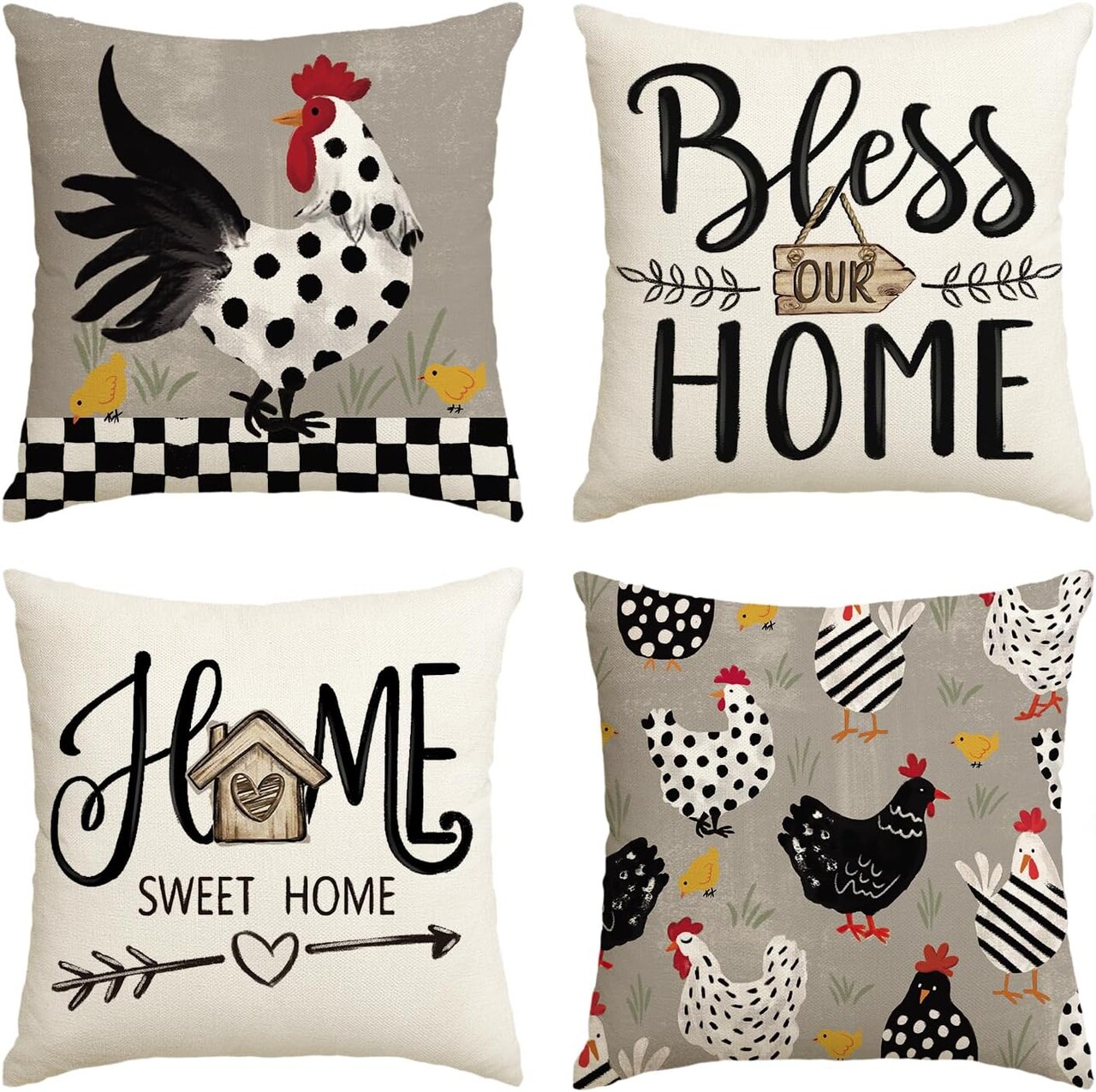Farmhouse Chicken Home Sweet Home Throw Pillow Covers, 18 x 18 Inch Bless Our Home Seasonal Cushion Case Decoration for Sofa Couch Set of 4
